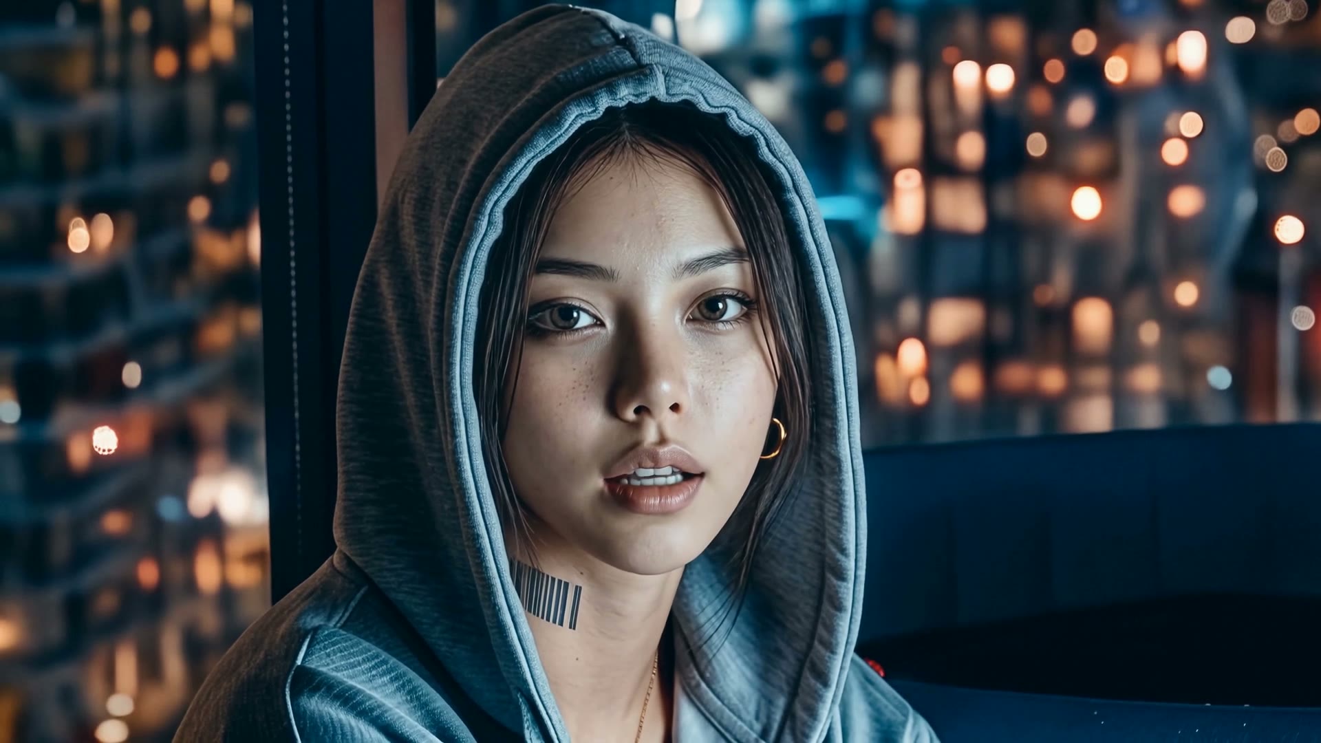 Seri in a grey hoodie at night, city lights behind her