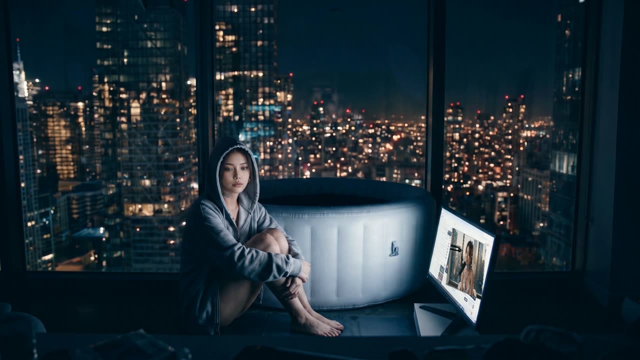 Seri in the grey hoodie on the floor by the window at night