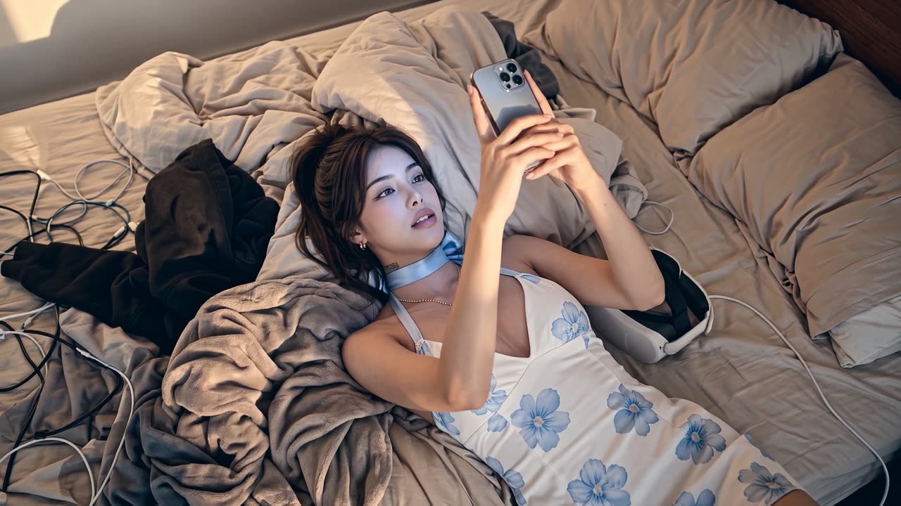 Seri lying in bed scrolling her phone